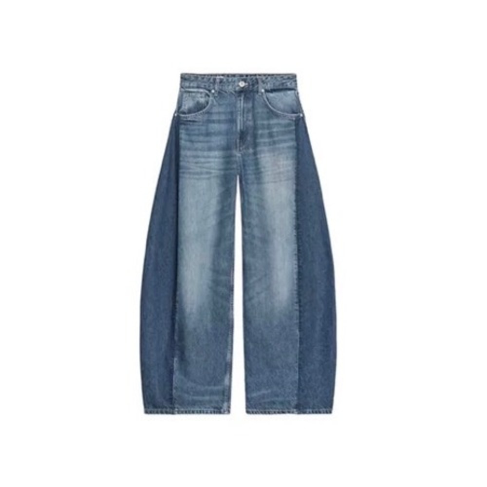 Zara Womens High Waisted Two Tone Wide Leg Paneled Denim Jeans Blue Size 10